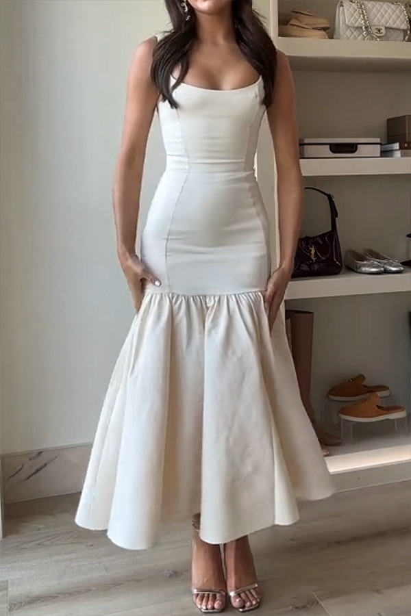 Graceful Silhouette Square Neck Wide Strap Drop Waist Midi Dress