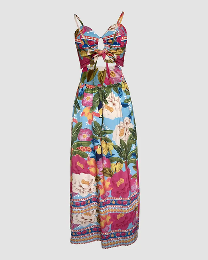 Floarl Print V Neck Lace Up Hollow Out Vaction Backless Maxi Dress