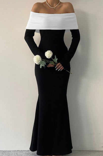 Colorblock Off Shoulder Bodycon Maxi Dress