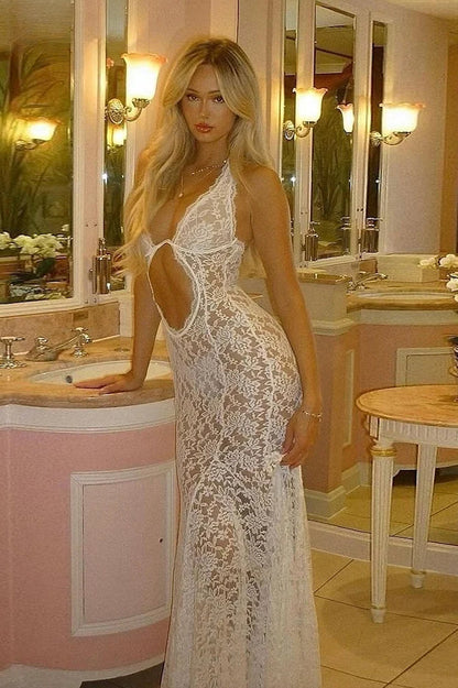 Lace Halter Neck Deep Plunge Wire Bust Midriff Cut Out Bodycon Maxi Dress