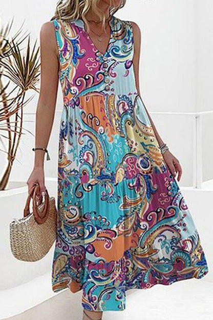 Unique Floral Print Sleeveless Midi Dress