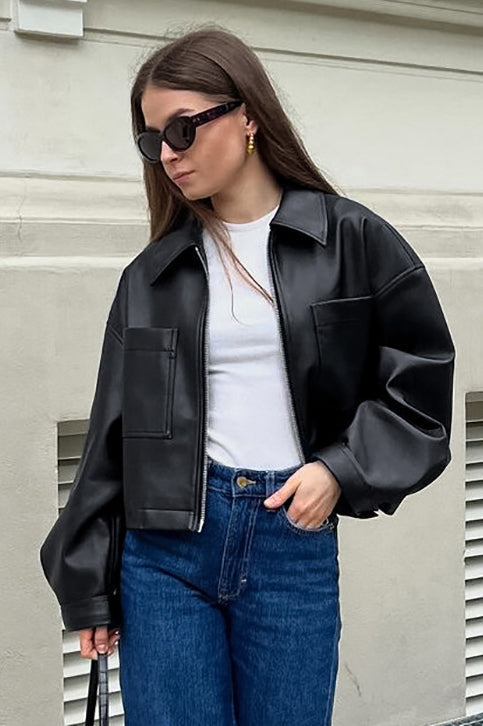 Loose Fit Matte Leather Short Jacket