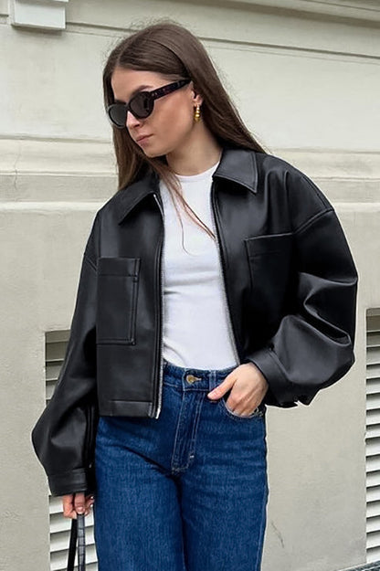 Loose Fit Matte Leather Short Jacket