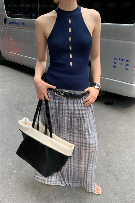 High-Waisted A-Line Mesh Plaid Maxi Skirt