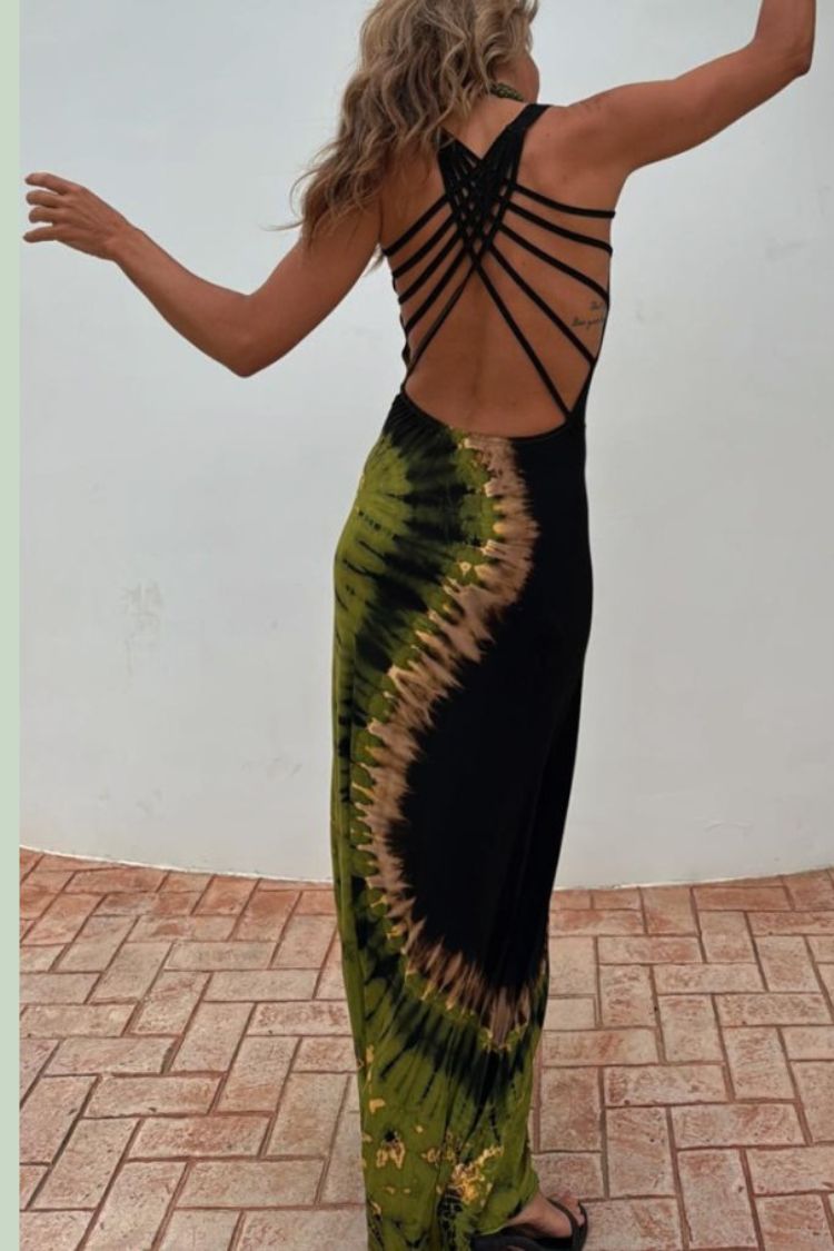Summer Adventures Tie-dye Print Back Lace-up Stretch Maxi Dress
