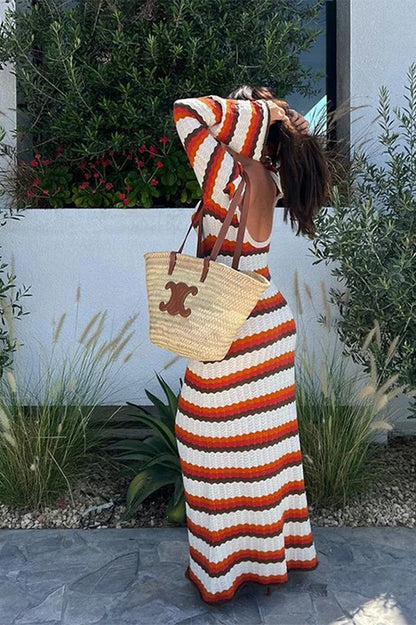 Zigzag Crochet Knit Boat Neck Bell Sleeve Bodycon Maxi Dress