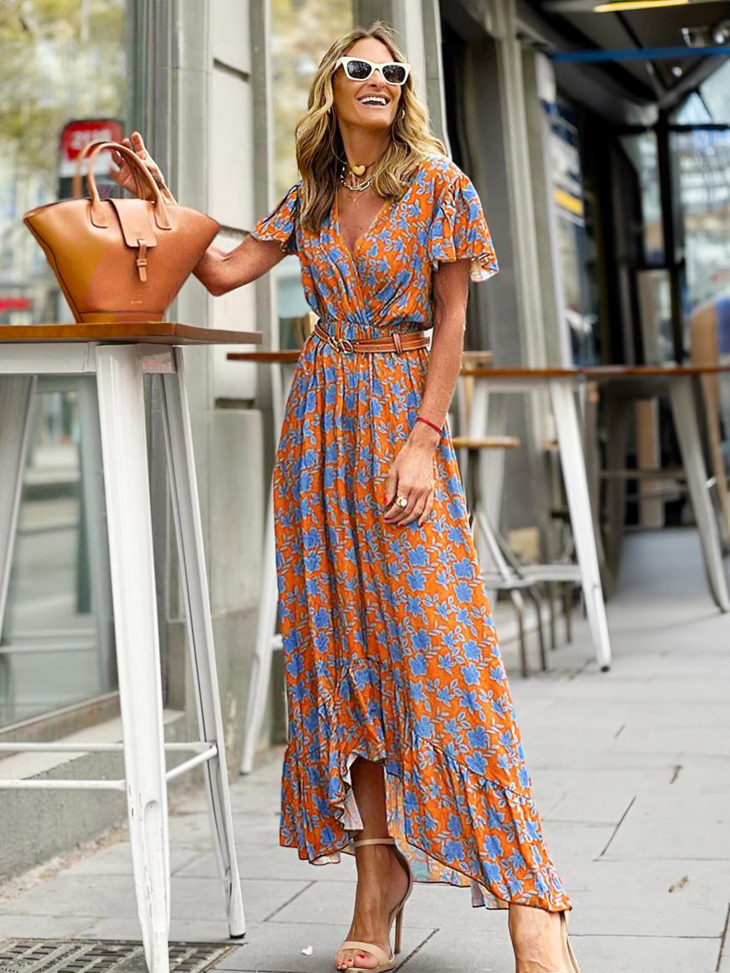 Floral Wrap V Neck Maxi Dress for Women - Boho Flutter Sleeve Ruffle Hem Long Dress - Summer Beach Vacation 2026