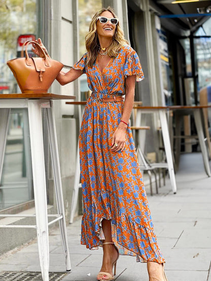 Floral Wrap V Neck Maxi Dress for Women - Boho Flutter Sleeve Ruffle Hem Long Dress - Summer Beach Vacation 2026