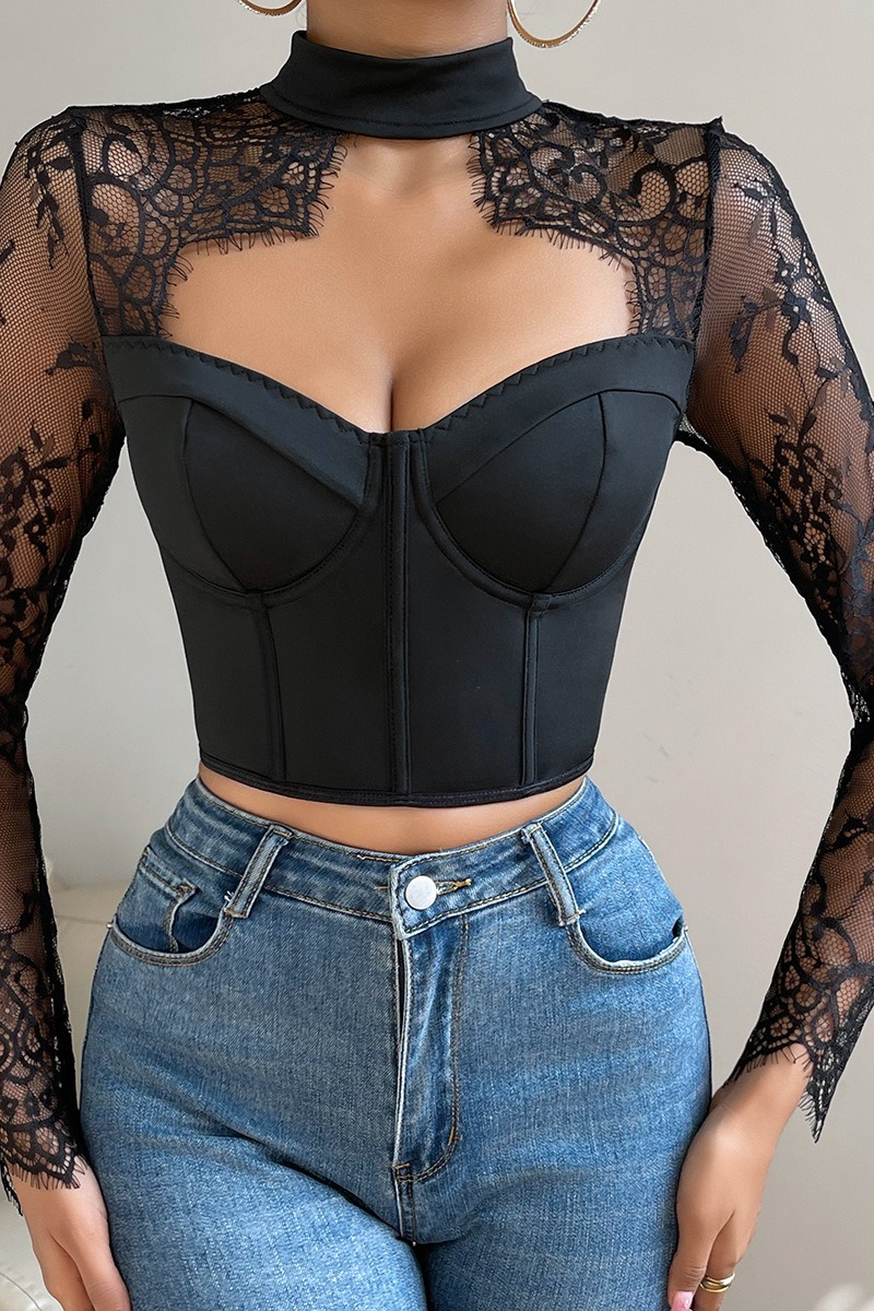 Sexy Slim Plunging Neck Lace Chic Long Sleeve Crop Top