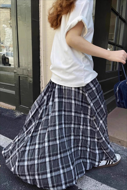 Vintage High-Waist Plaid Flared Skirt