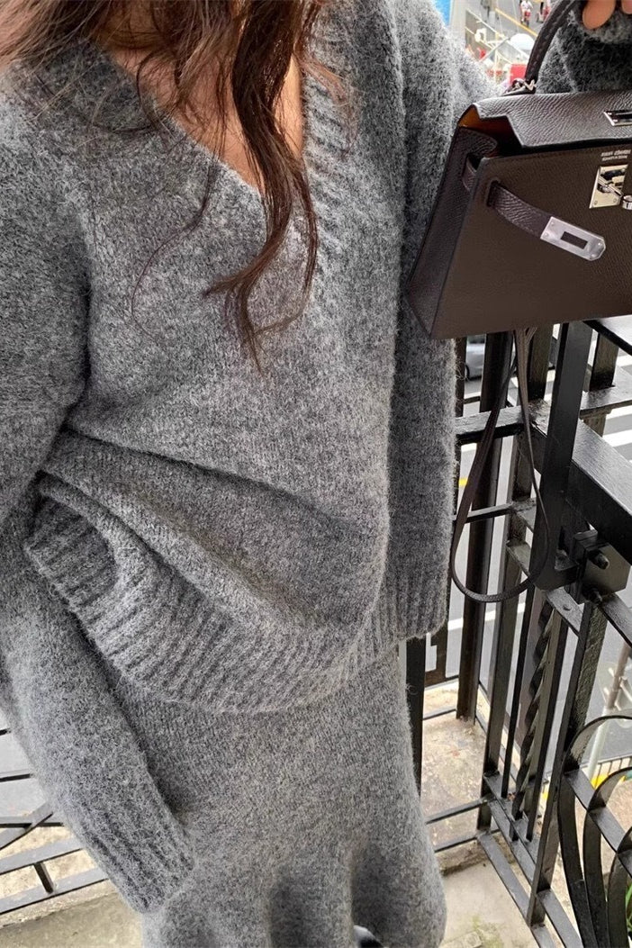 Lazy V-neck Knit Sweater Mermaid Skirt Two Piece Set