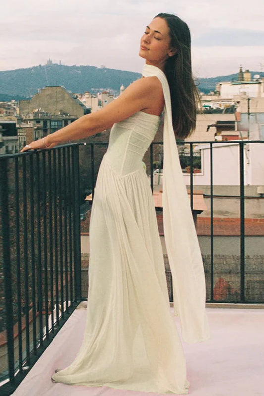 Strapless Flowy Ribbon Slim Waist Maxi Dress