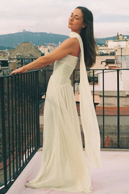 Strapless Flowy Ribbon Slim Waist Maxi Dress