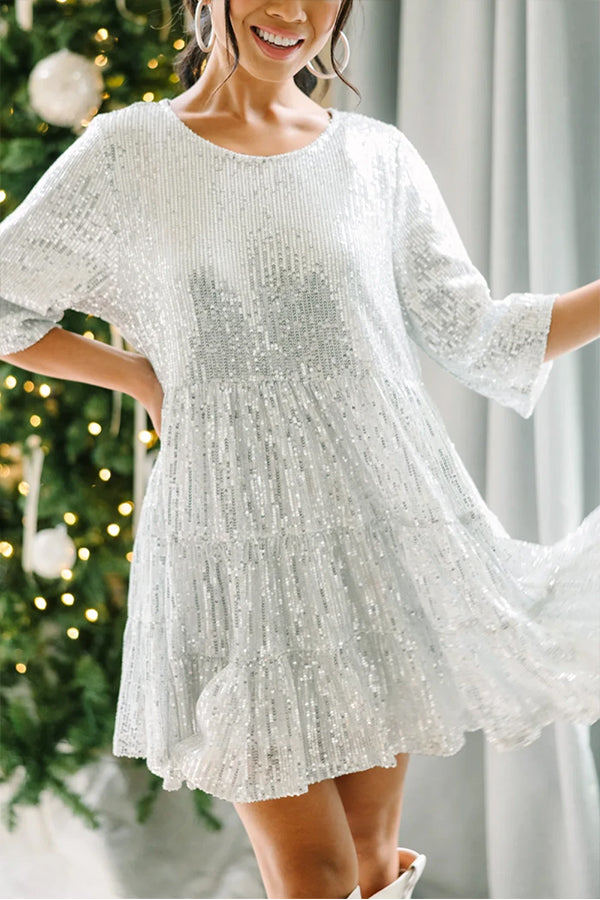 Silvery Party Sequin Half Sleeve Round Neck Mini Dress