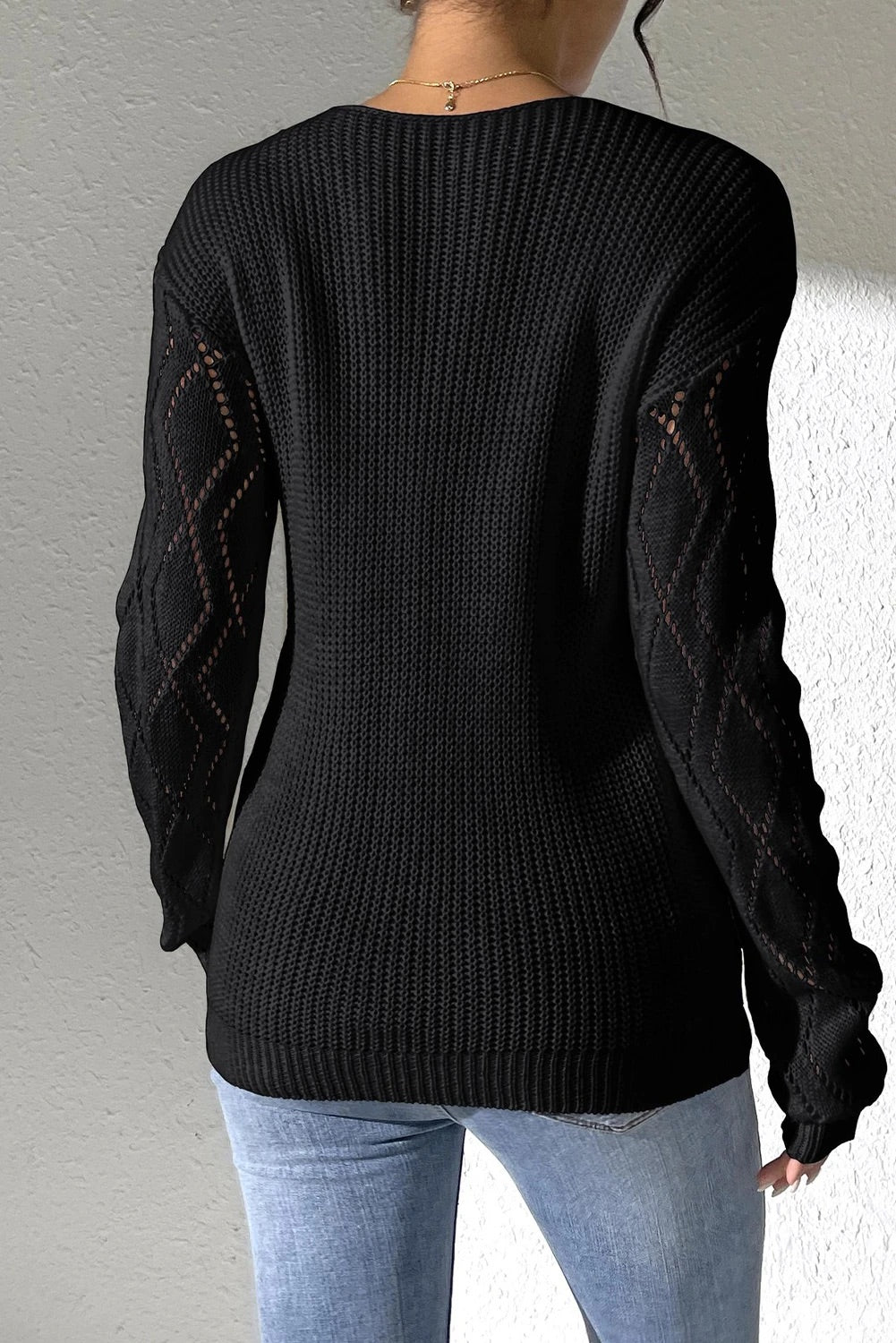 Black Crochet Flower V Neck Pullover Sweater