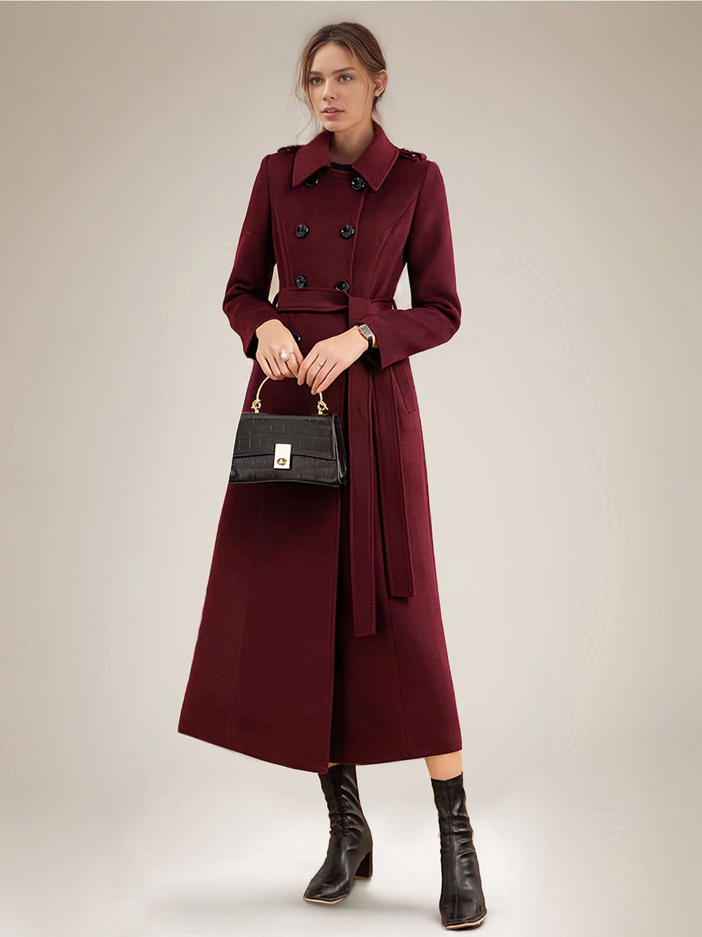 Long Wool Blend Coat For Women Burgundy Double-breasted Belted Turndown Collar Classic Winter Outerwear 2026