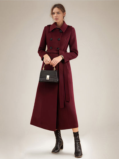 Long Wool Blend Coat For Women Burgundy Double-breasted Belted Turndown Collar Classic Winter Outerwear 2026