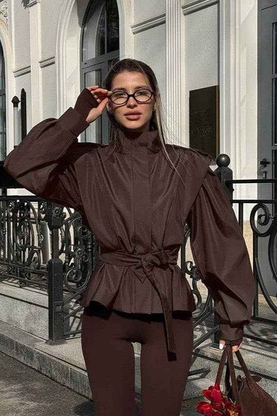 Tie-Waist Collared Long-Sleeve Loose Trench Coat