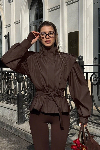 Tie-Waist Collared Long-Sleeve Loose Trench Coat