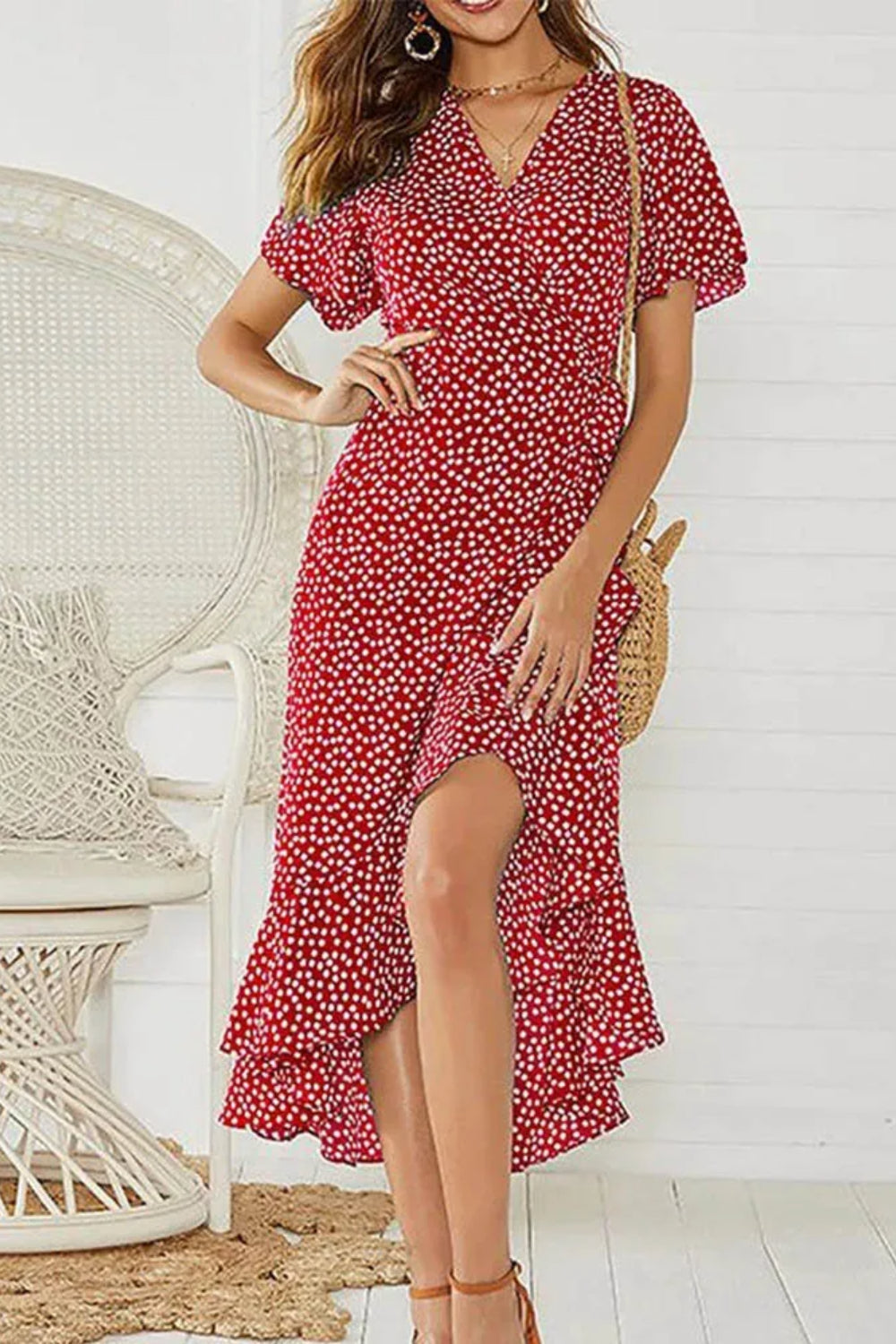 Chiffon Floral Ruffle Boho Split Maxi Dress