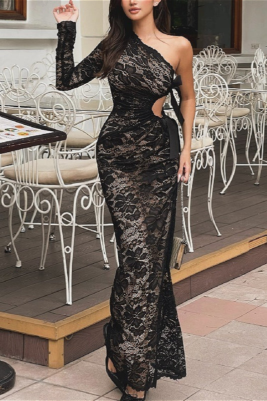 Sexy Lace One-Shoulder Bow Maxi Dress