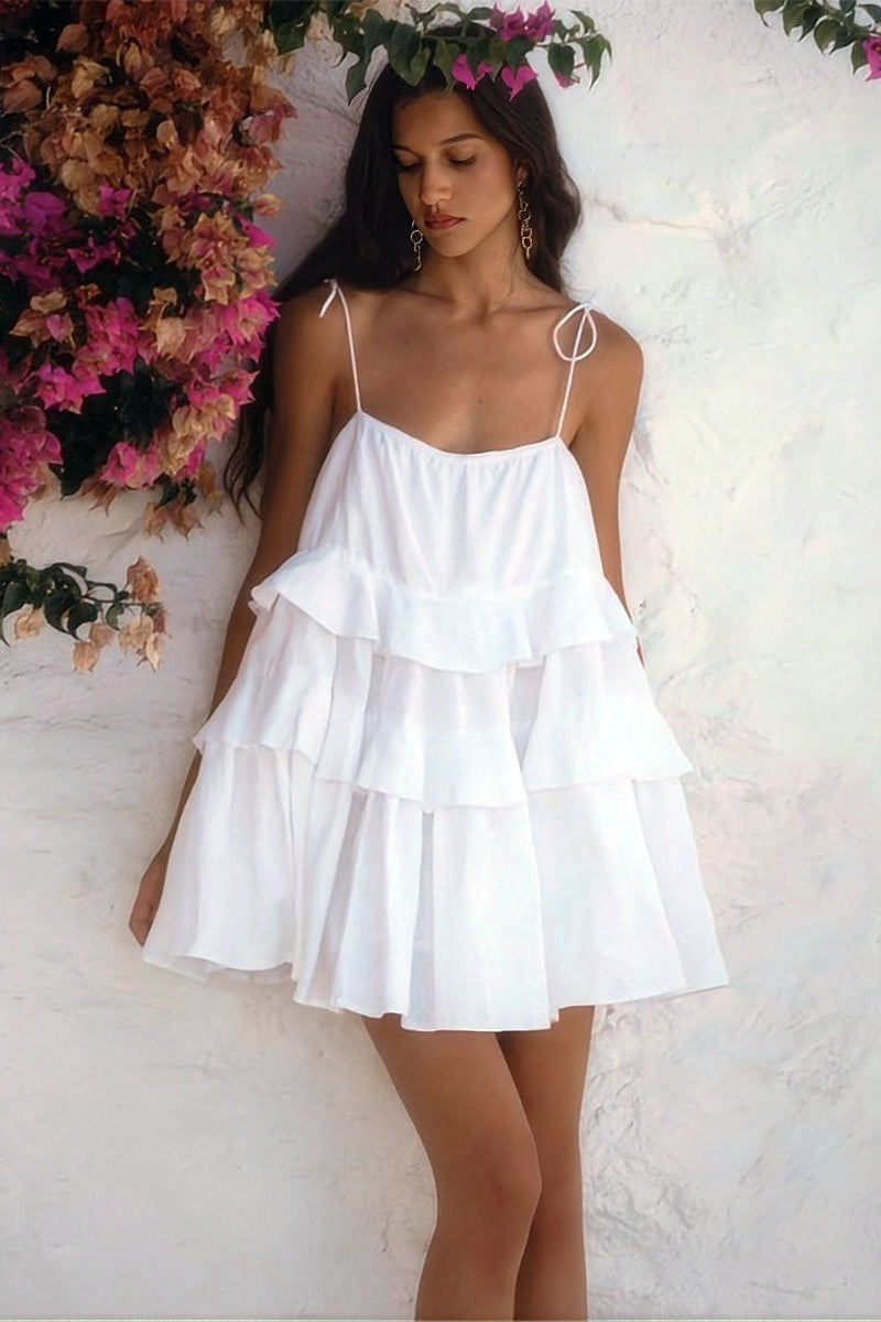 Tie Shoulder Tiered Ruffle Scoop Neck Babydoll Mini Dress