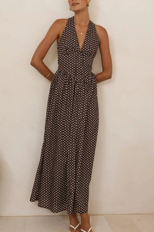 Polka Dot Print Halter Neck Fitted Waist Holiday Maxi Dress