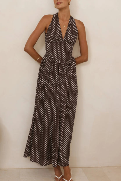 Polka Dot Print Halter Neck Fitted Waist Holiday Maxi Dress
