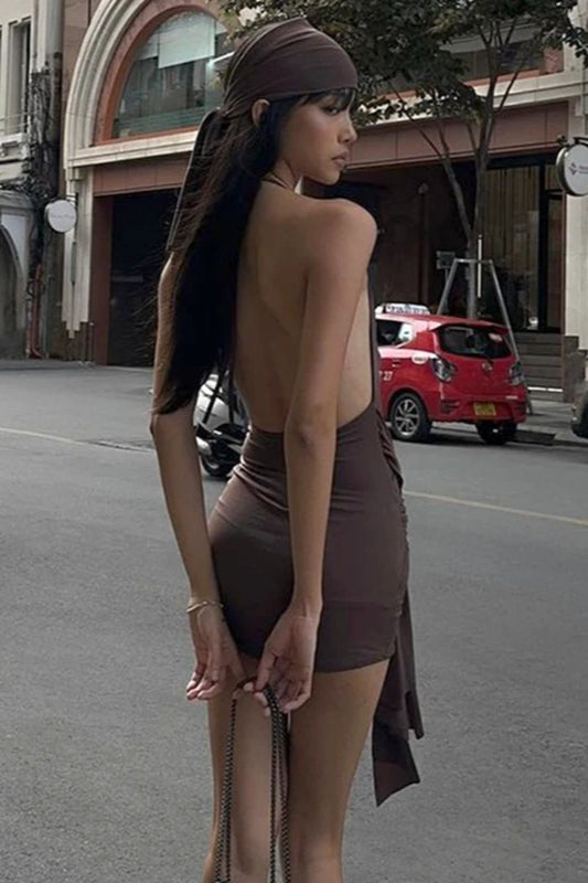 Halter Cowl Neck Ruched Ring Detail Draped Sash Streamer Mini Dress