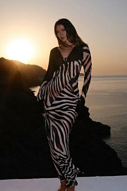 Chiffon V-Neck Slim Fit Long Sleeve Maxi Dress