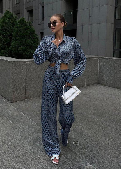 Elegant Ease - Printed Button-Up Shirt and Wide-Leg Pants Set