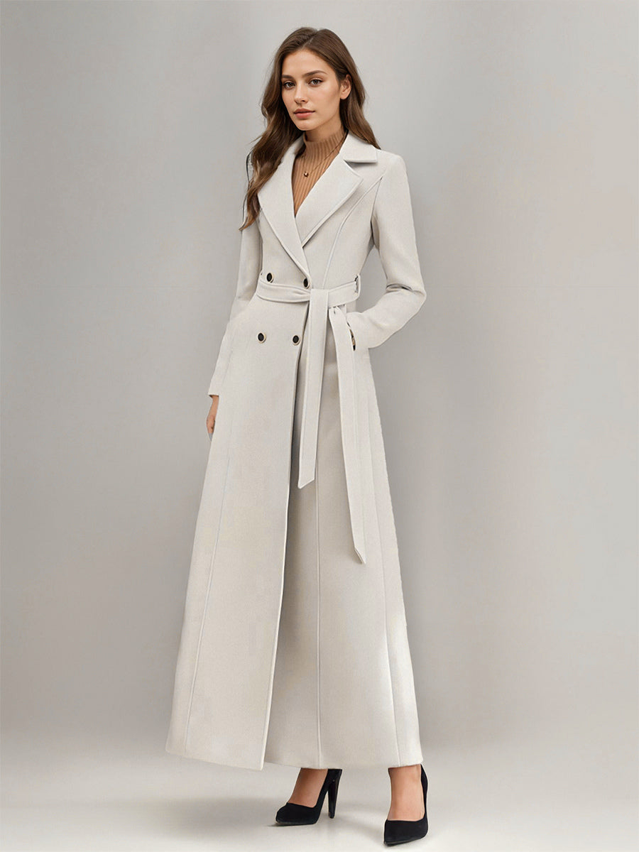 White Longline Woolen Coat Notched Lapel Double Breasted Belted Winter Full Length Outerwear For Women 2026