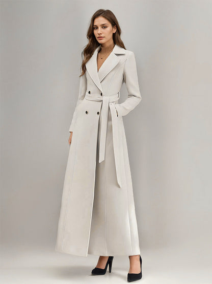 White Longline Woolen Coat Notched Lapel Double Breasted Belted Winter Full Length Outerwear For Women 2026
