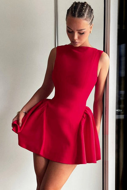 Boat Neck Sleeveless Princess Seam Gathered Hip Fit-and-Flare Mini Dress