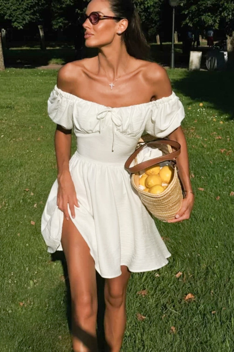 Off Shoulder Puff Sleeve Tie Back Bow A-Line Mini Dress
