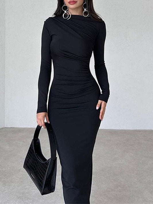 Slim Fit Solid Color Temperament Long Hip-Wrapped Dress