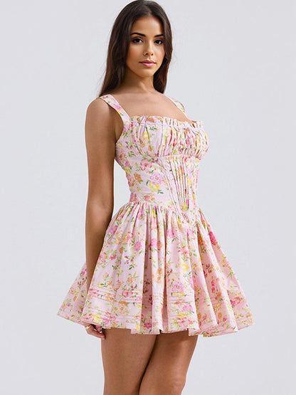 Floral Dress Mini Dresses Lace Up Straps Neck Sleeveless Cottagecore Short Dress