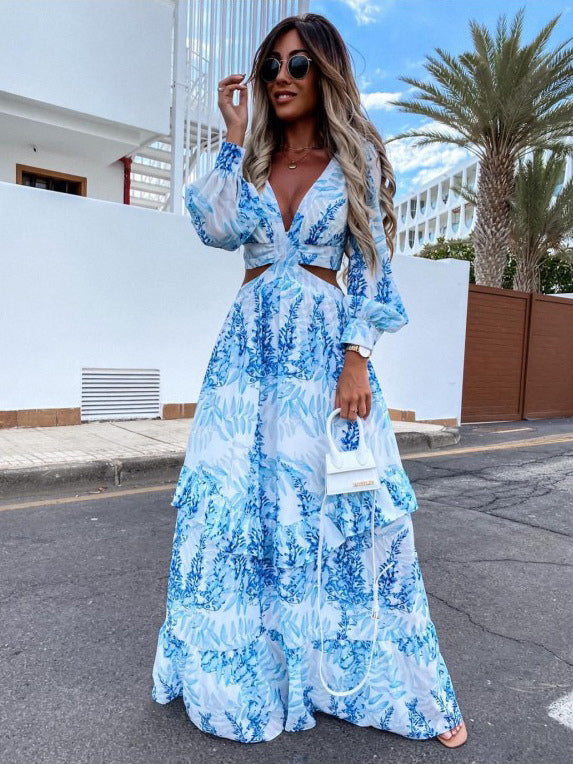 Cutout Leaf Print Maxi Dress for Women - Tropical Lantern Sleeve V Neck Tiered Long Dress - Spring Resort Wear 2026