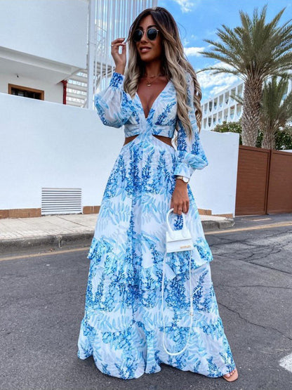 Cutout Leaf Print Maxi Dress for Women - Tropical Lantern Sleeve V Neck Tiered Long Dress - Spring Resort Wear 2026