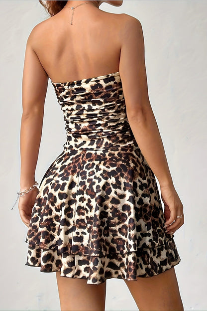 Print Strapless Ruched Tiered Ruffle Hem Mini Dress