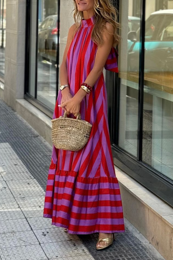 Casual Red Striped Loose Backless Long Dress