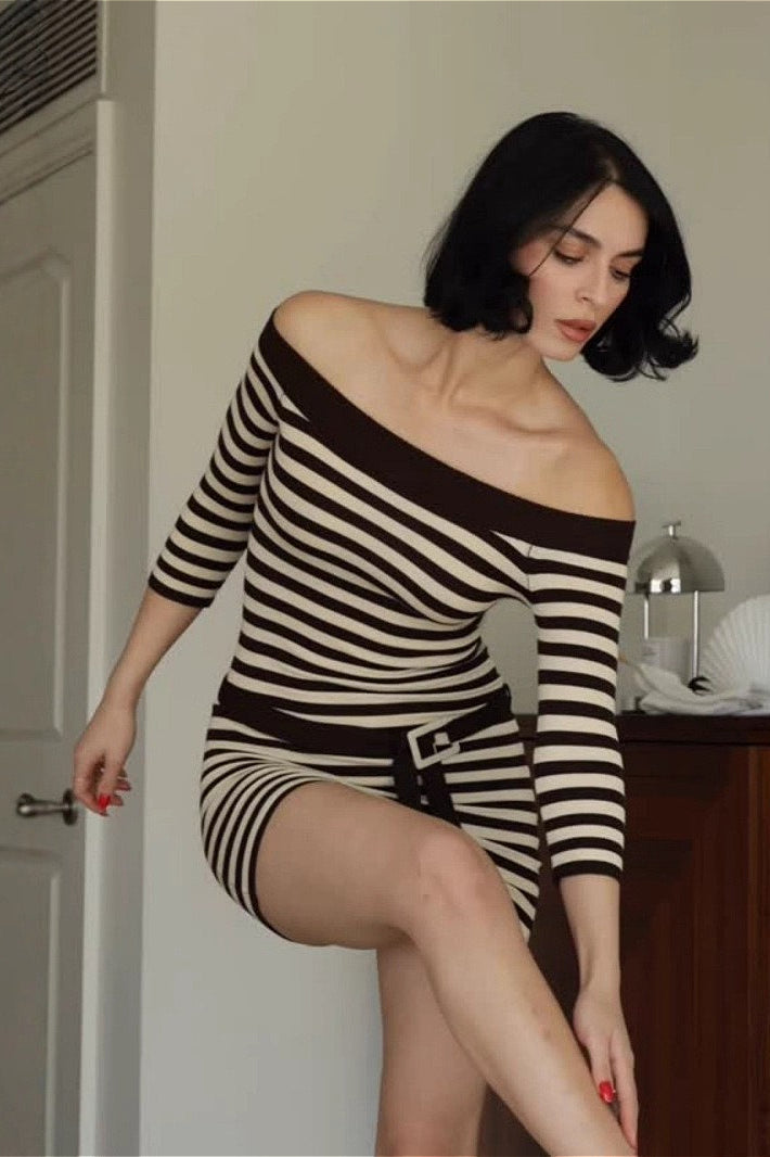 Off-Shoulder Horizontal Stripe Three-Quarter Sleeve Belted Bodycon Mini Dress