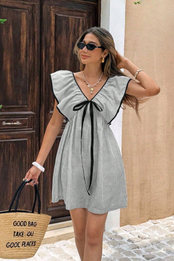 Pinstripe V-Neck Ruffle Flounce Collar Flutter Sleeve Ribbon Bow Mini Dress