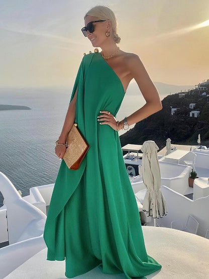 One Shoulder Maxi Dress for Women - Minimalist Cape Sleeve Drape Gown - Summer Beach Wedding Guest 2026