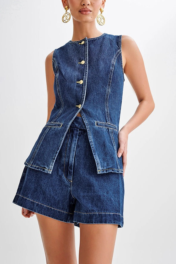 Casual High Waist Vest Denim Shorts Set