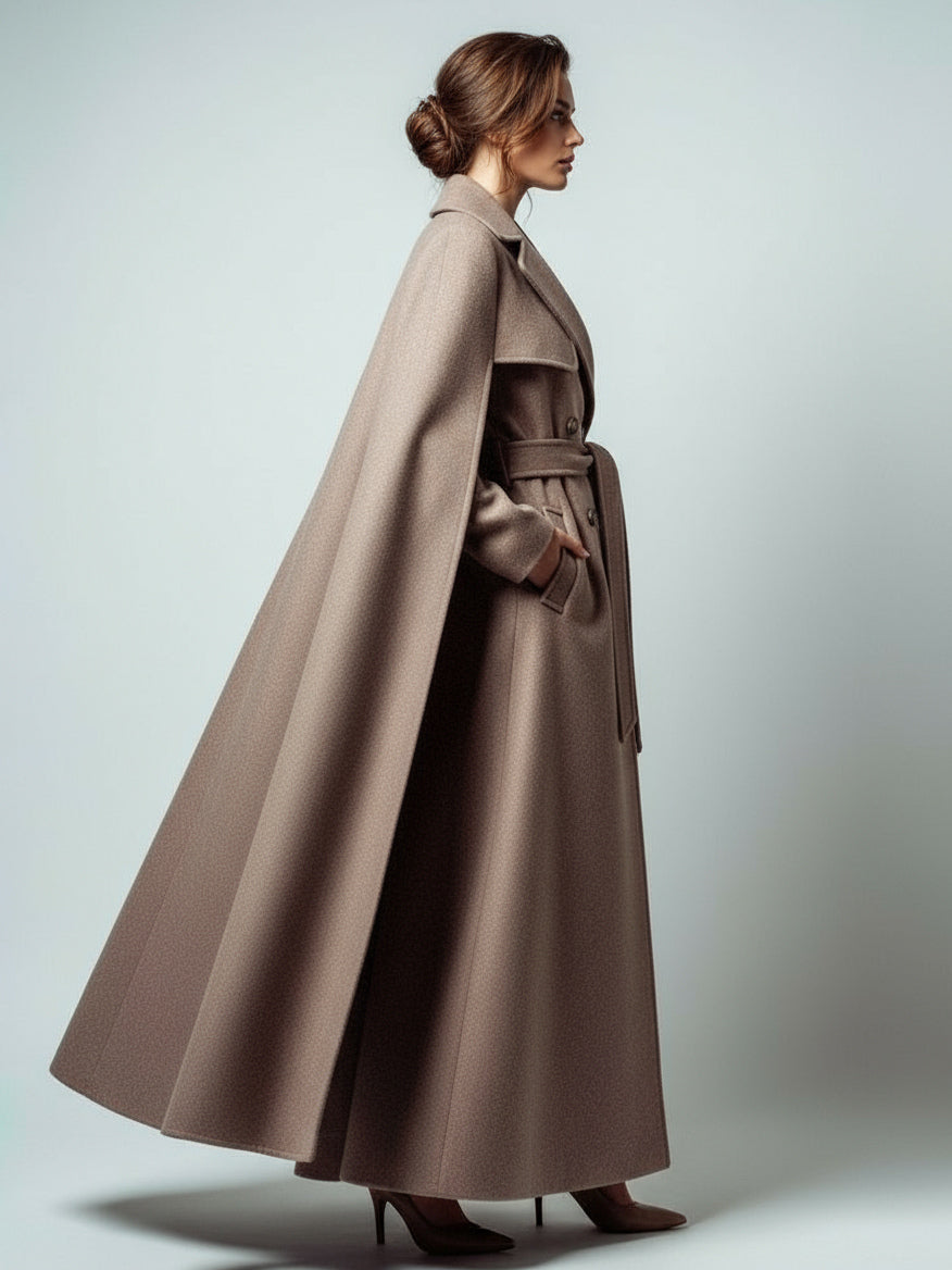 Maxi Double-breasted Woolen Coat With Detachable Cape And Belt For Women 2026