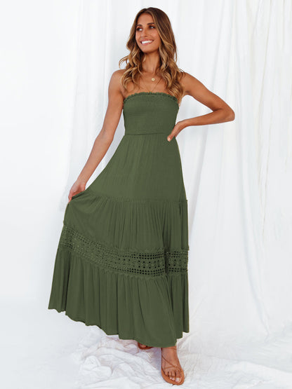 Strapless Smocked Maxi Dress for Women - Boho Crochet Lace Tiered Tube Dress - Summer Beach Resort 2026