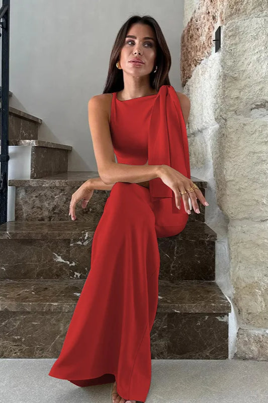 Boat Neck One-Shoulder Draped Sash Column Maxi Dress
