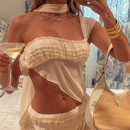 One shoulder mesh maxi skirt set