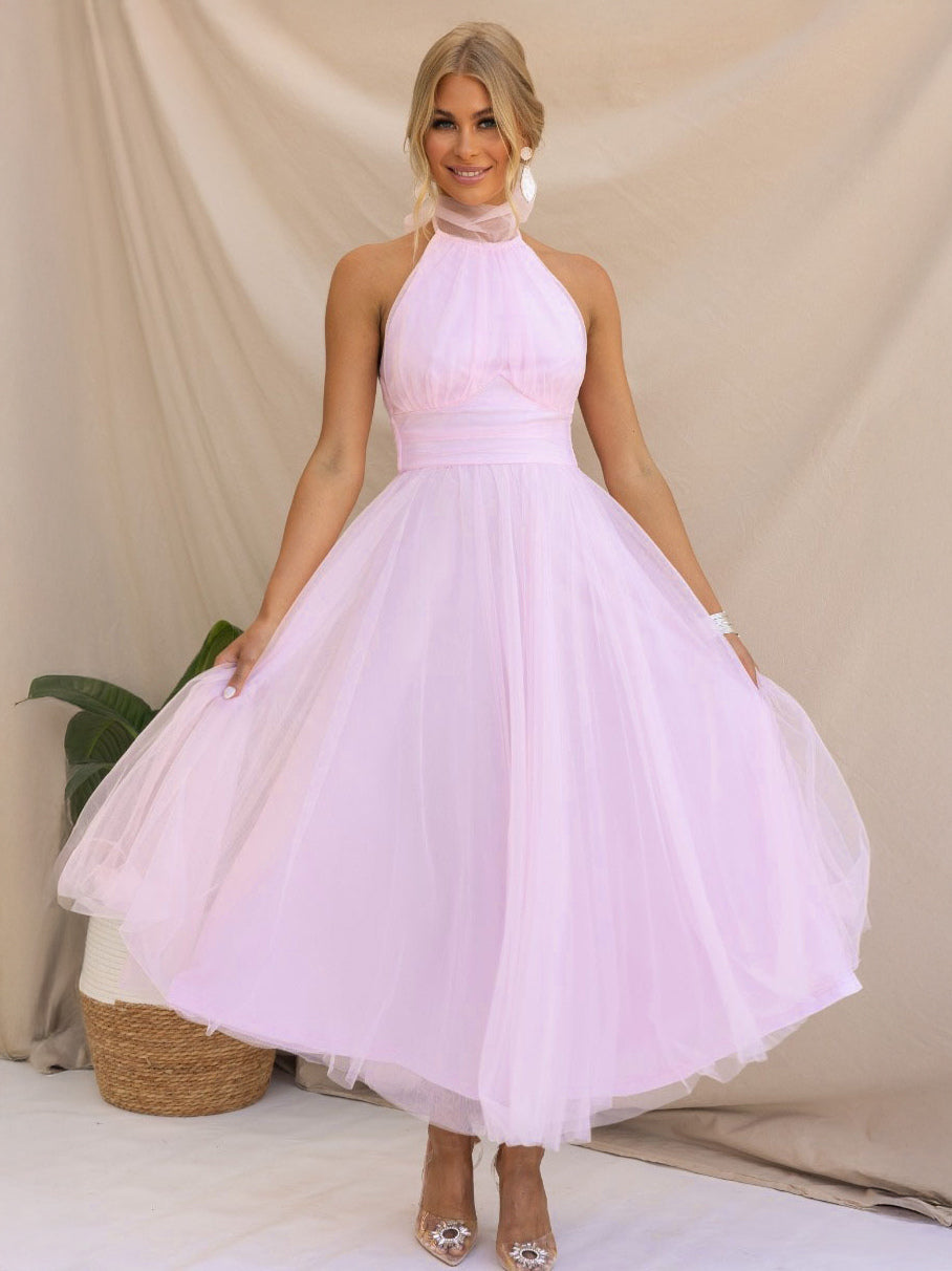 Tulle Midi Dress Halter Pleated Empire Waist Open Back Elegant Prom Dresses